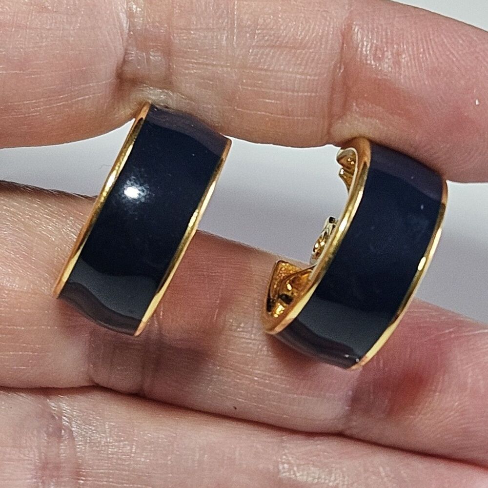 Vintage Monet Gold Plated Blue Enamel Clip On Hoop Earrings
